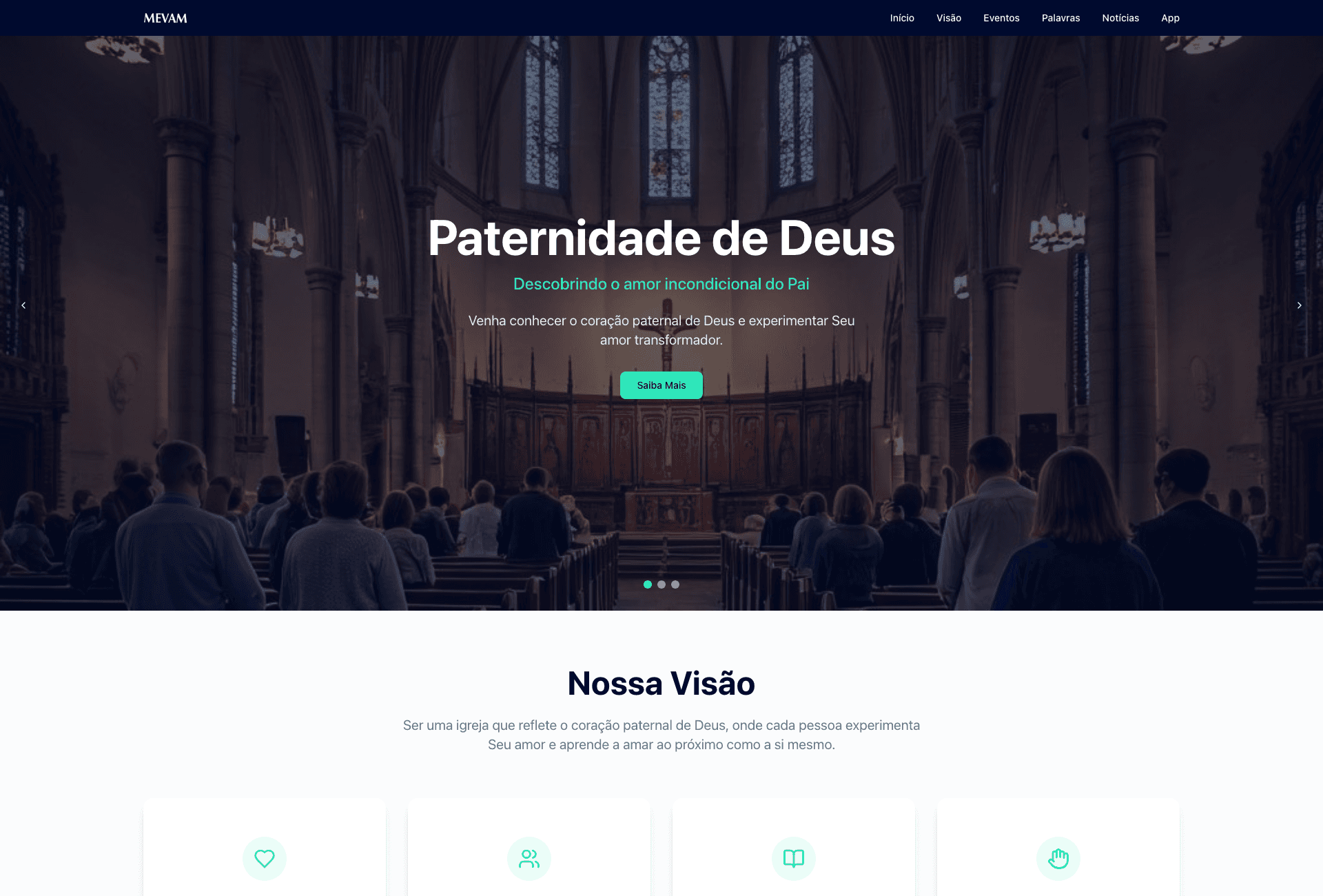 Página inicial do site institucional da igreja Mevam