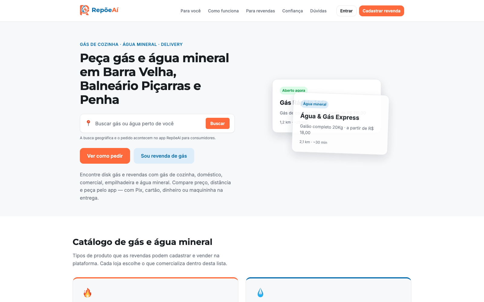 Site institucional do RepõeAí mostrando a busca por gás e água mineral em Barra Velha